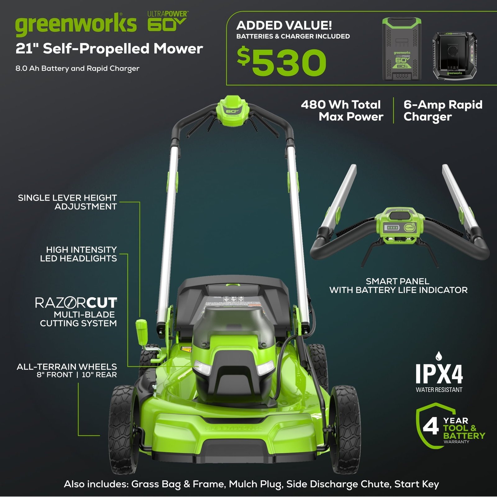 Greenworks 60V 21" Self Propelled Lawn Mower with (1) 8.0 Ah Battery & Rapid Charger 2546402 - Image 12