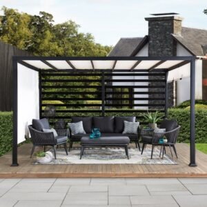 SUNJOY 10x12 Steel Pergola Kit  with White Adjustable Canopy and Privacy Wall
