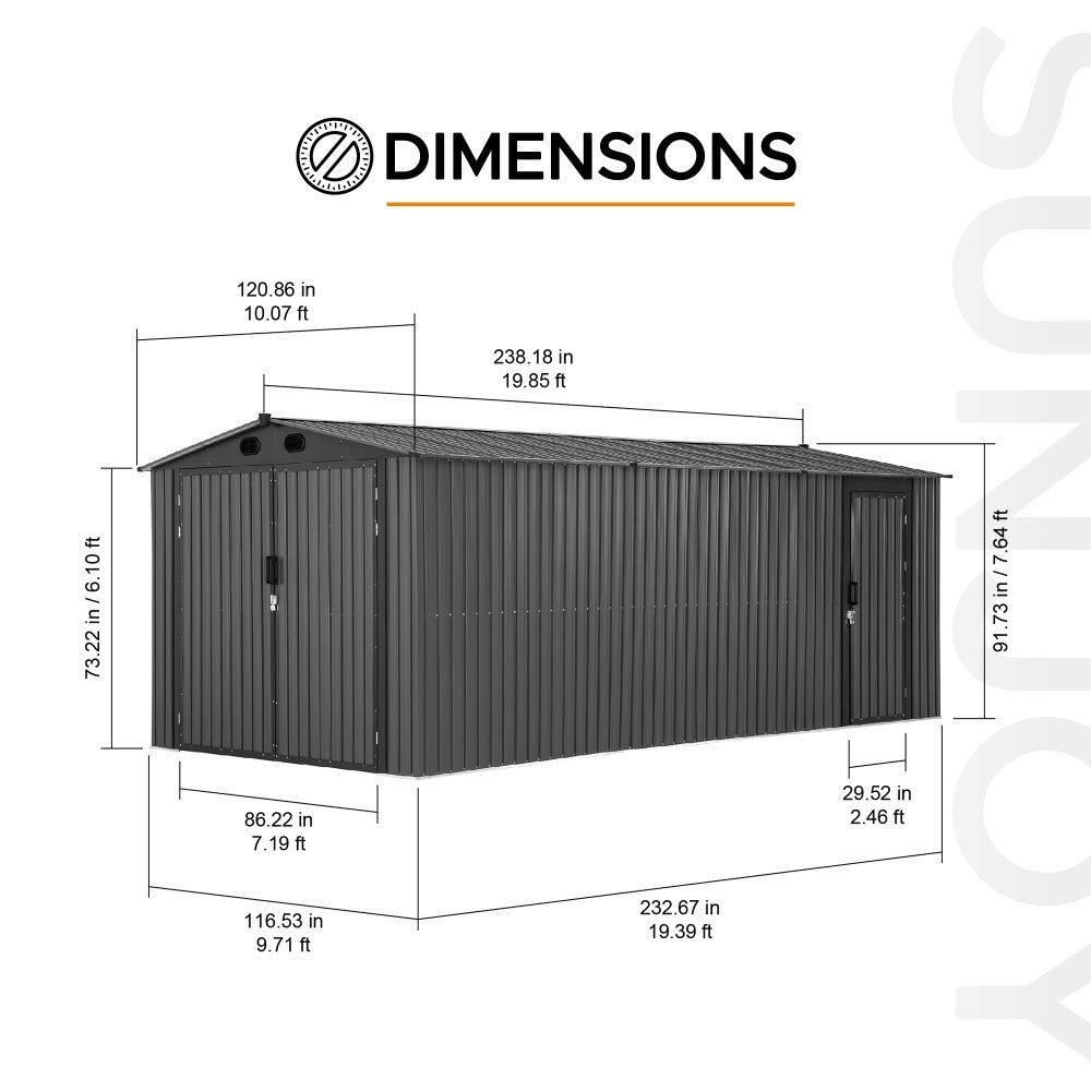 SUNJOY 10x20 Storage Shed Kits with Lockable Doors and Vents - Dark Gray - Image 4