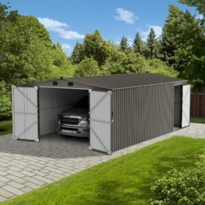 SUNJOY 13x20 Metal Shed Kits with Lockable Doors and Vents - Light Gray