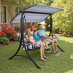 SUNJOY 3-Seat Italian-Made Patio Swing Chair with Adjustable Canopy and 4" Cushions – Stripe