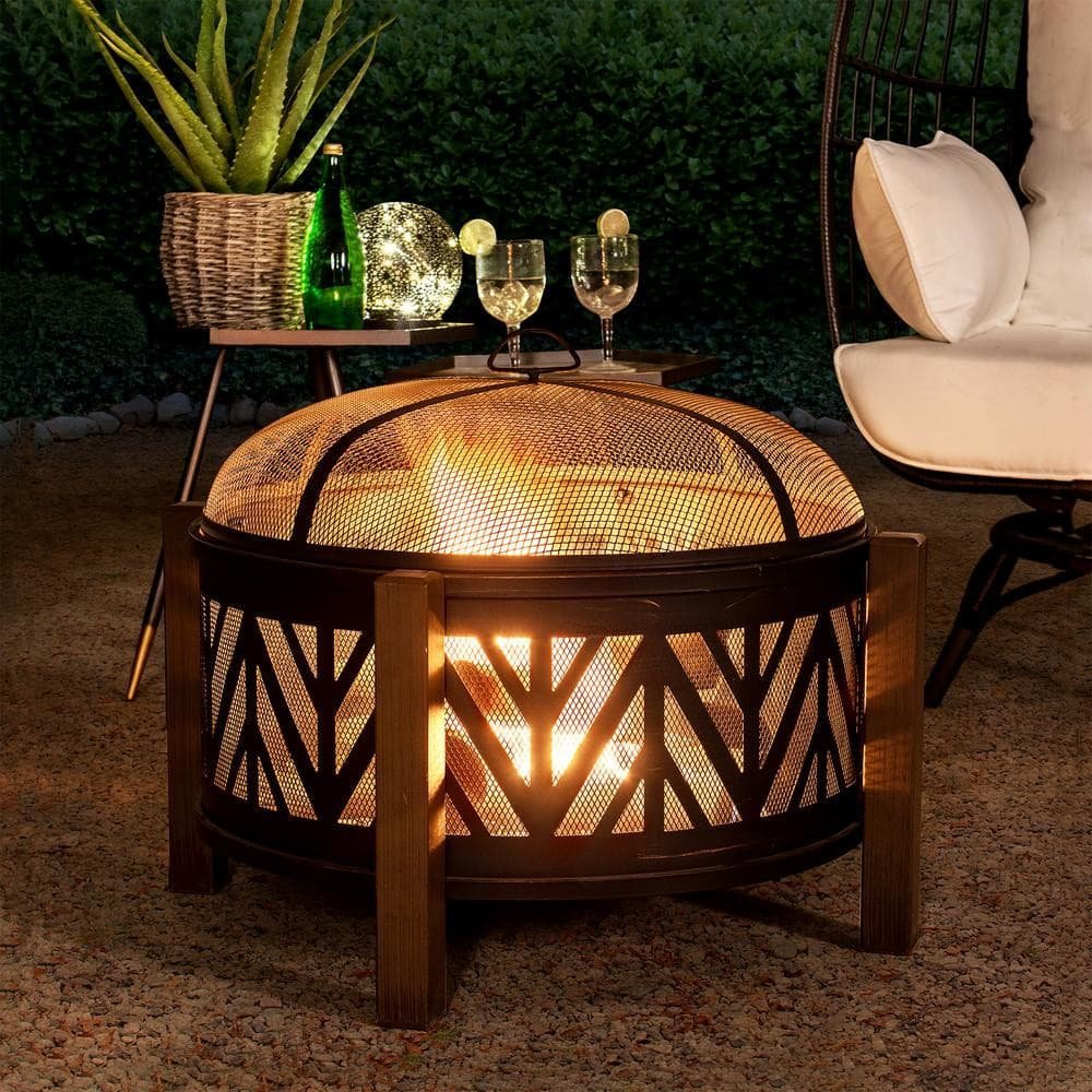 SUNJOY 31 Inch Black Wood Burning Steel Fire Pit with Spark Screen - Image 4