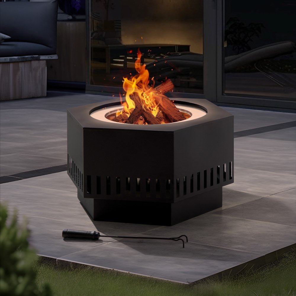 SUNJOY 28 Inch Hexagon Stainless Steel Smokeless Fire Pit with PVC Cover and Poker - Rectangular Pattern - Image 2