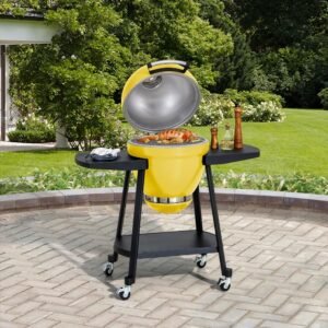 SUNJOY 20 Inch Charcoal Grill, Kamado Grill with Pizza Stone, Ultimate Egg BBQ Grill and Smoker with Wheels - Yellow