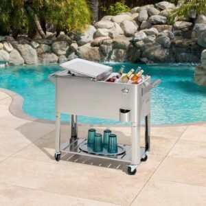 SUNJOY 80 Quart Stainless Steel Cooler Cart with Bottle Opener, Shelf and Lockable Wheels