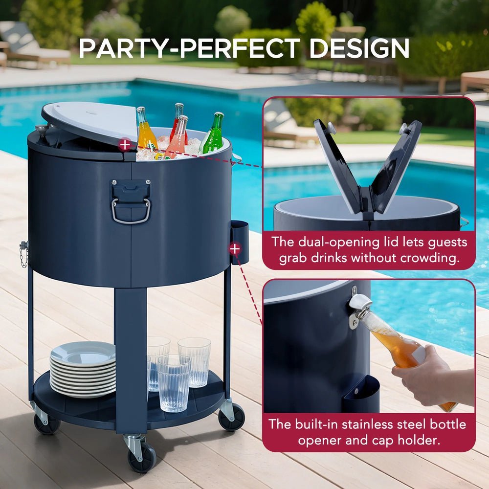 SUNJOY 60 Quart Patio Rooling Cooler Cart with Bottle Opener, Shelf and Lockable Wheels - Blue - Image 5