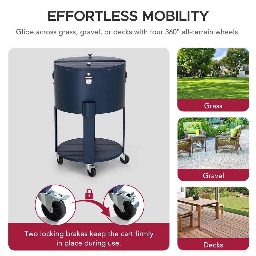 SUNJOY 60 Quart Patio Rooling Cooler Cart with Bottle Opener, Shelf and Lockable Wheels - Blue - Image 9