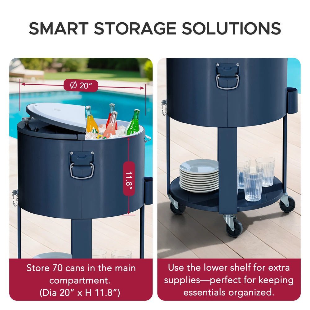 SUNJOY 60 Quart Patio Rooling Cooler Cart with Bottle Opener, Shelf and Lockable Wheels - Blue - Image 6