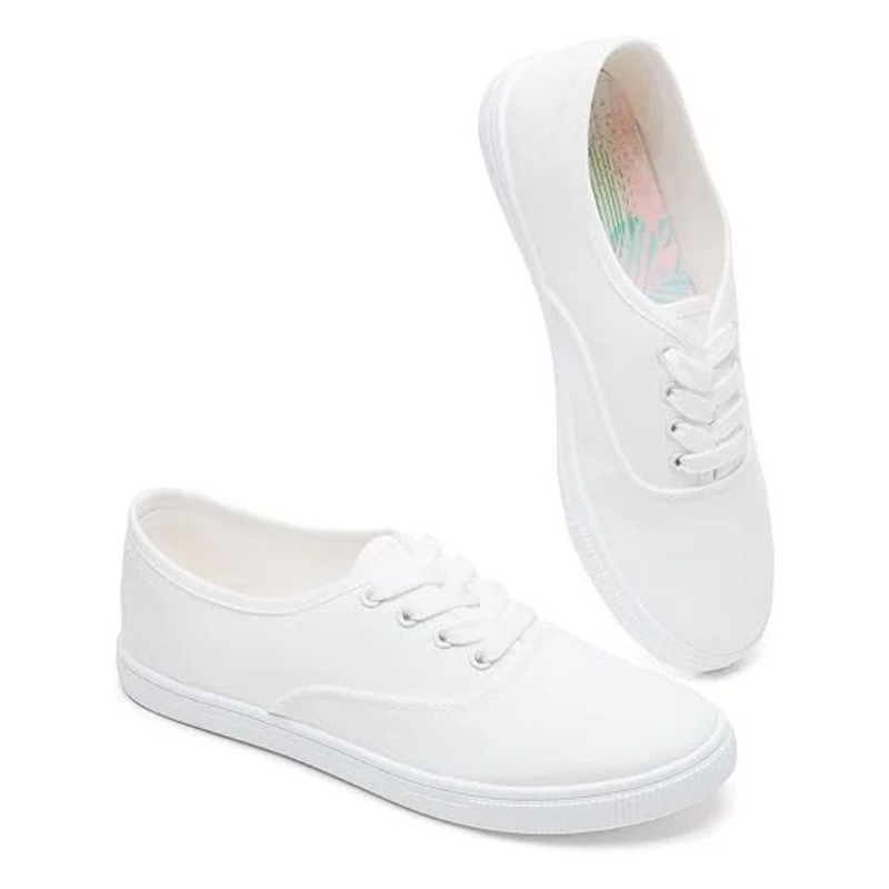 Women's White Canvas Low-Top Lace-Up Sneakers with Floral Lining