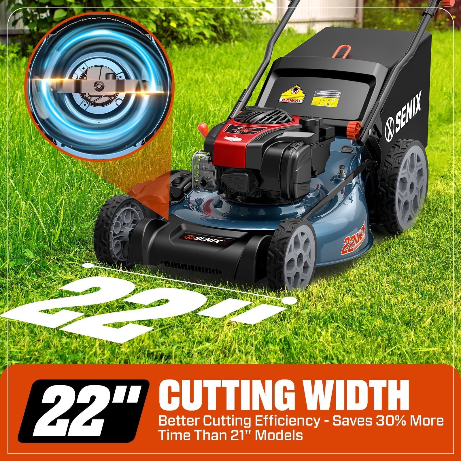 SENIX Self-Propelled Gas Lawn Mower, 22in Cutting Blade / 23in Cutting Deck, 150 cc 4-Cycle Made in Briggs & Stratton Engine , 3-In-1, 6-Position Adjustment, 11in Rear Wheels, LSSG-H3 - Image 4