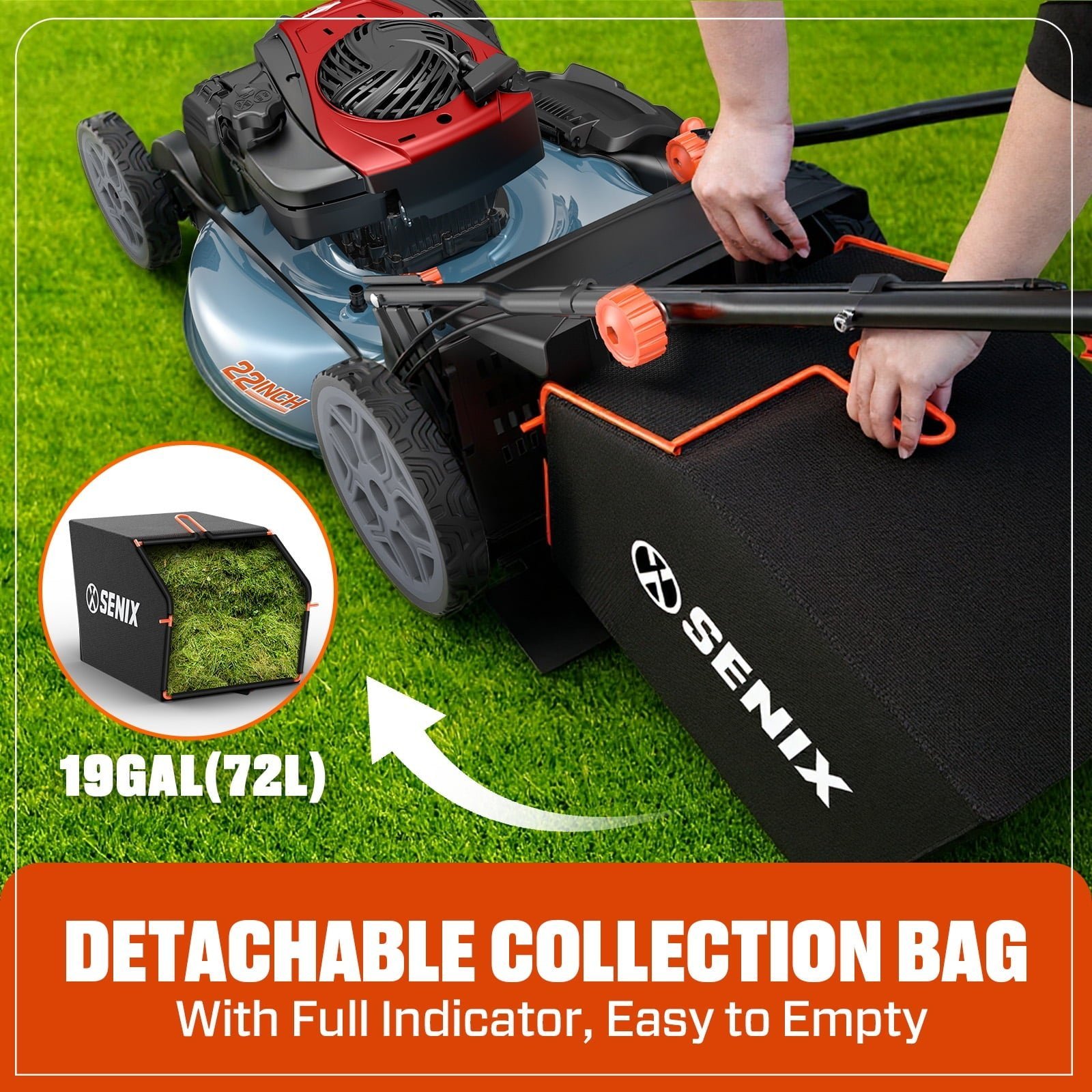 SENIX Self-Propelled Gas Lawn Mower, 22in Cutting Blade / 23in Cutting Deck, 150 cc 4-Cycle Made in Briggs & Stratton Engine , 3-In-1, 6-Position Adjustment, 11in Rear Wheels, LSSG-H3 - Image 9