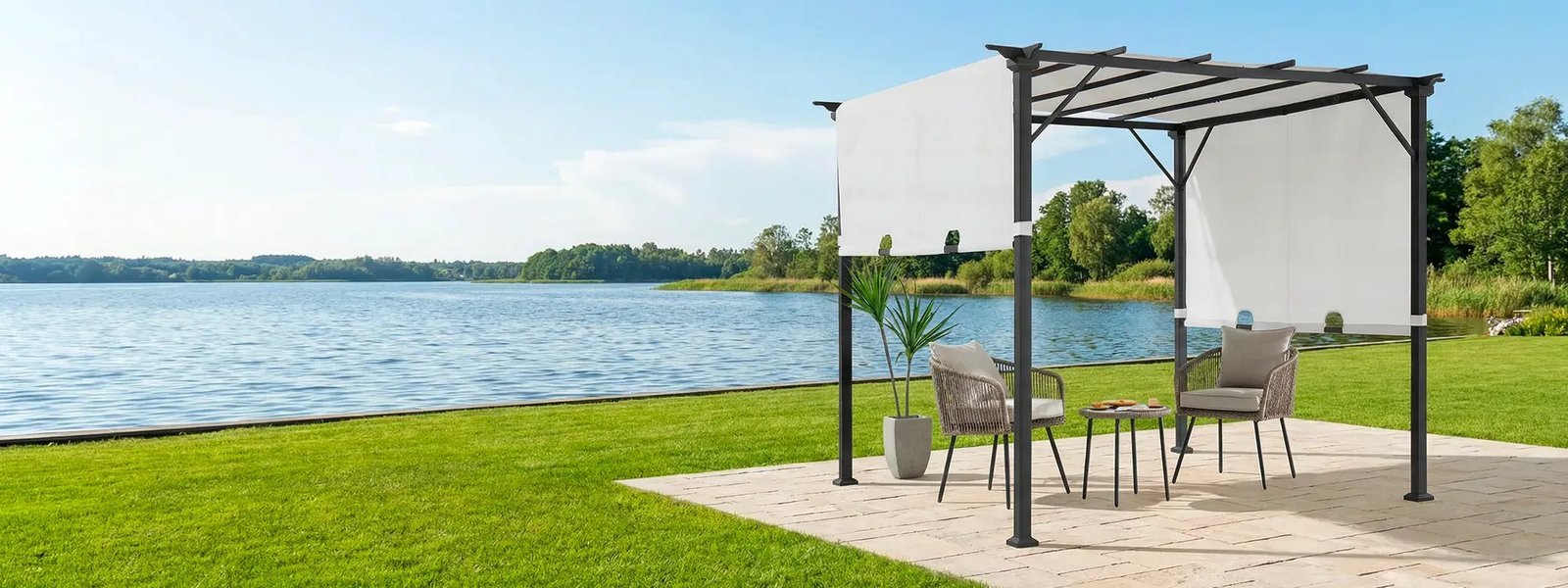 SUNJOY 9x9 Matte Black Steel Frame Pergola with Adjustable Canopy Roof - Light Gray - Image 2