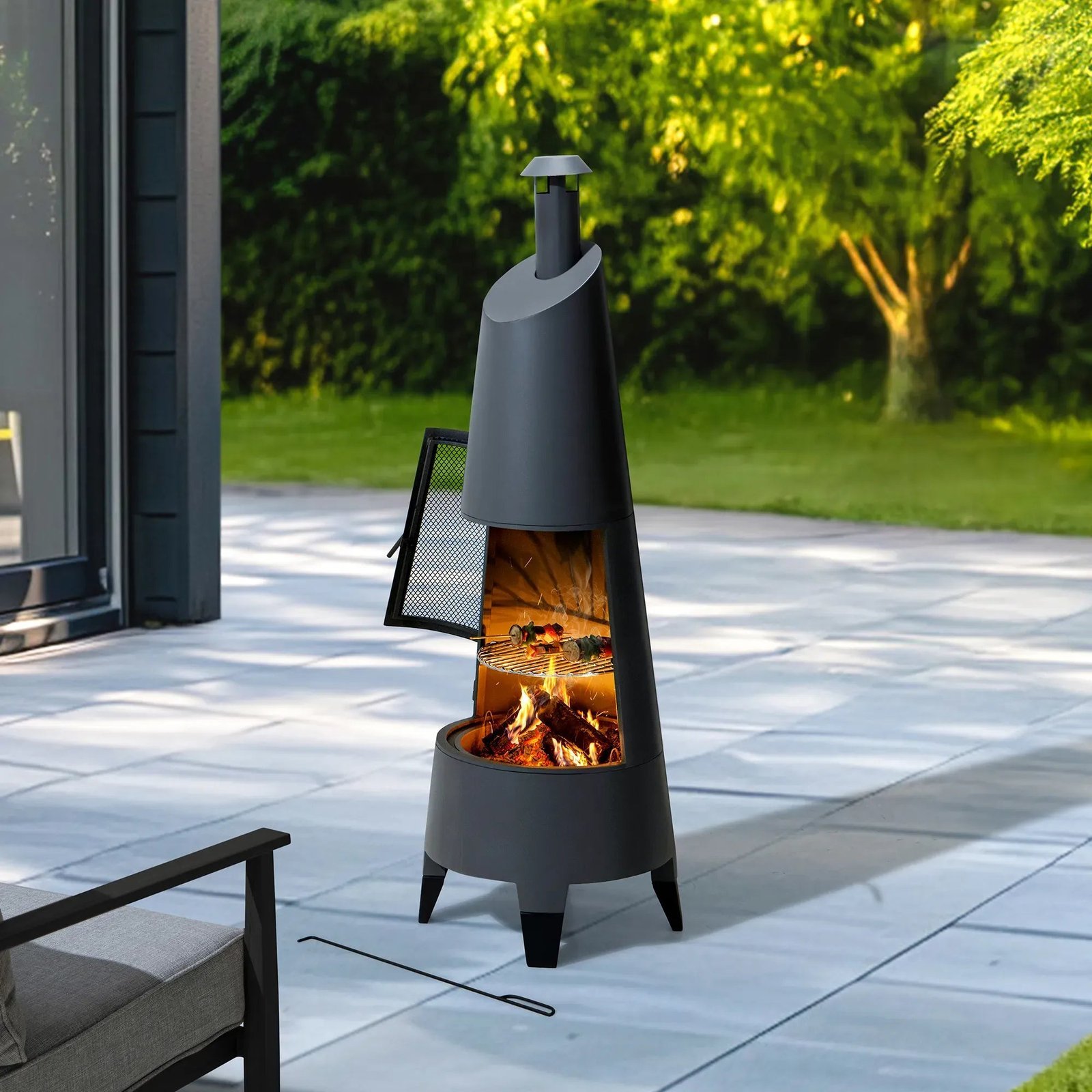 SUNJOY 57 Inch 2-in-1 Chiminea Fire Pit & Grill with Removable Grill Grate and PVC Cover - Gray - Image 6