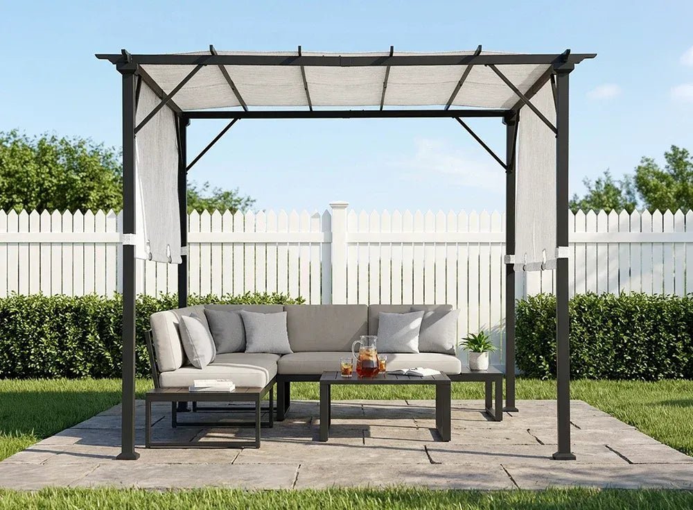 SUNJOY 9x9 Matte Black Steel Frame Pergola with Adjustable Canopy Roof - Light Gray - Image 13