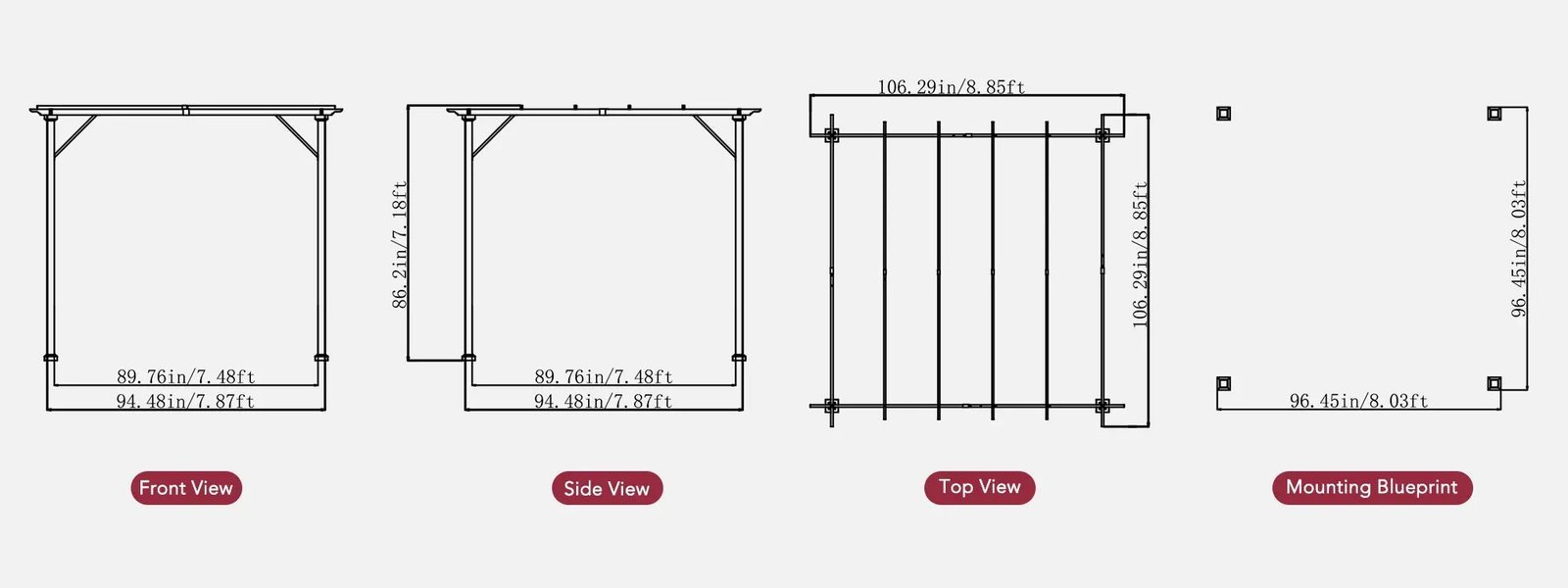 SUNJOY 9x9 Matte Black Steel Frame Pergola with Adjustable Canopy Roof - Light Gray - Image 14