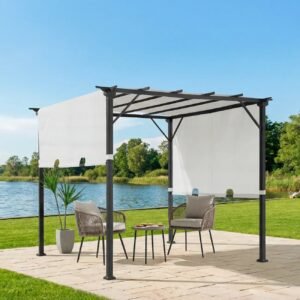 SUNJOY 9x9 Matte Black Steel Frame Pergola with Adjustable Canopy Roof - Light Gray