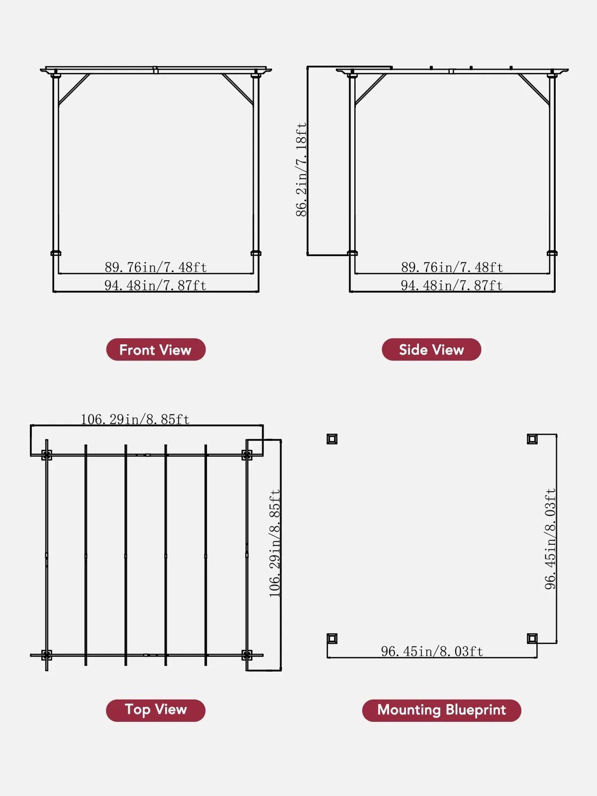 SUNJOY 9x9 Matte Black Steel Frame Pergola with Adjustable Canopy Roof - Light Gray - Image 17