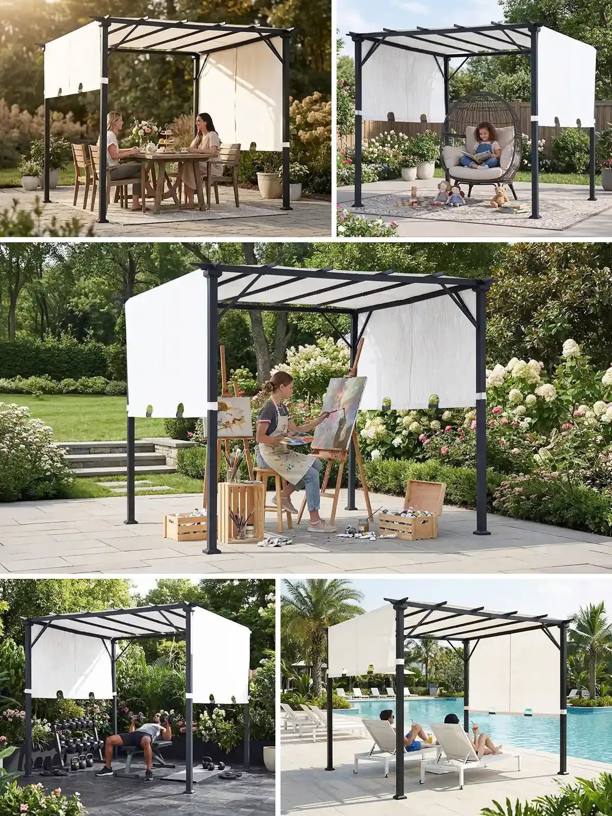 SUNJOY 9x9 Matte Black Steel Frame Pergola with Adjustable Canopy Roof - Light Gray - Image 18