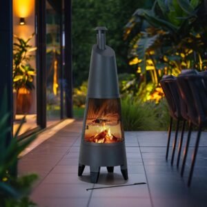 SUNJOY 57 Inch 2-in-1 Chiminea Fire Pit & Grill with Removable Grill Grate and PVC Cover - Black